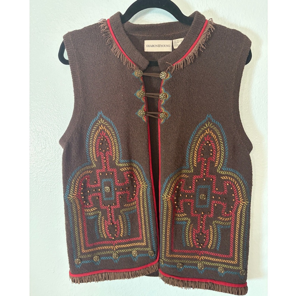 Vintage Sharon Young Silk Vest L Western Embroidered Fringe Southwestern Boho